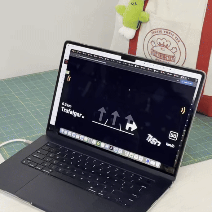 Instead of having the needle of a speedometer move, we decided to have the speed change numerically. Although we copied the demo template's trigger for speed changes, we had to create our own response using Protopie's 'Set Text' option to have the speed change numerically and remove the rotation response as you can see effected the angle of the speedoemeter text.