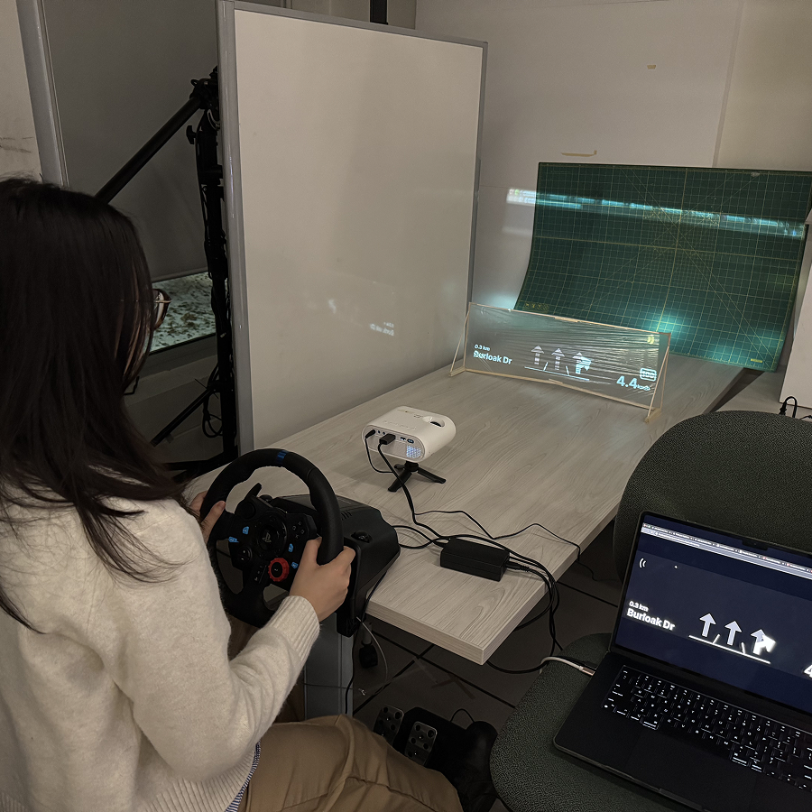 This is our final setup for our prototype. We tested and adjusted the timing of our instructions. We had initally made it accurate to the distance and speed, but shortened it for demonstration purposes.